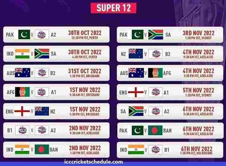 T20 World Cup 2022 Super 12 Group 2 Schedule